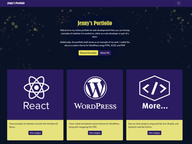 Screenshot of Jenny's portfolio site with dark purple background and yellow text